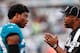 JACKSONVILLE, FL - AUGUST 9: Cornerback Jalen Ramsey #20 of the Jacksonville Jaguars talks with Field Judge Terry Brown about a play during a preseason game against the New Orleans Saints at TIAA Bank Field on August 9, 2018 in Jacksonville, Florida. The