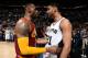 SAN ANTONIO, TX - JANUARY 14: LeBron James #23 of the Cleveland Cavaliers and Tim Duncan #21 of the San Antonio Spurs after the game on January 14, 2016 at the AT&T Center in San Antonio, Texas. NOTE TO USER: User expressly acknowledges and agrees that,