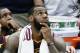 CLEVELAND, CA - JUN 8: LeBron James #23 of the Cleveland Cavaliers looks on against the Golden State Warriors in Game Four of the 2018 NBA Finals won 108-85 by the Golden State Warriors over the Cleveland Cavaliers at the Quicken Loans Arena on June 6, 2