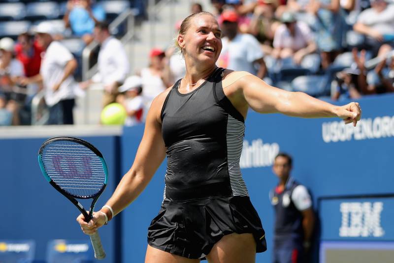 NEW YORK, NY - AUGUST 27:  Kaia Kanepi of Estonia celebrates her women's singles first round match victory against Simona Halep of Romania on Day One of the 2018 US Open at the USTA Billie Jean King National Tennis Center on August 27, 2017 in the Flushin