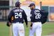 LAKELAND, FL - FEBRUARY 27: Miguel Cabrera #24 and J.D. Martinez #28 of the Detroit Tigers walk off the field together during the Spring Training game against the Atlanta Braves at Publix Field at Joker Marchant Stadium on February 27, 2017 in Lakeland,
