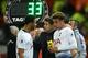 Tottenham Hotspur's Argentinian head coach Mauricio Pochettino (C) talks with Tottenham Hotspur's Belgian midfielder Mousa Dembele (L) and Tottenham Hotspur's English midfielder Dele Alli (R) during the English Premier League football match between Manche