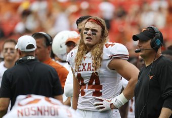 LANDOVER, MD - SEPTEMBER 1: Breckyn Hager #44 of the Texas Longhorns looks on in the first half against the Maryland Terrapins at FedExField on September 1, 2018 in Landover, Maryland. (Photo by Rob Carr/Getty Images)