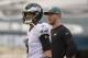PHILADELPHIA, PA - AUGUST 30: Nick Foles #9 and Carson Wentz #11 of the Philadelphia Eagles look on prior to the game against the New York Jets during the preseason game at Lincoln Financial Field on August 30, 2018 in Philadelphia, Pennsylvania. (Photo b