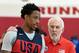 LAS VEGAS, NV - JULY 26: DeMar DeRozan #35 of the United States talks with head coach Gregg Popovich during a practice session at the 2018 USA Basketball Men's National Team minicamp at the Mendenhall Center at UNLV on July 26, 2018 in Las Vegas, Nevada.