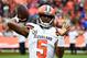 CLEVELAND, OH - SEPTEMBER 09: Tyrod Taylor #5 of the Cleveland Browns warms up prior to the game against the Pittsburgh Steelers at FirstEnergy Stadium on September 9, 2018 in Cleveland, Ohio. (Photo by Jason Miller/Getty Images)