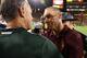 TEMPE, AZ - SEPTEMBER 08: Head coach Herm Edwards (R) of the Arizona State Sun Devils greets head coach Mark Dantonio of the Michigan State Spartans following the college football game at Sun Devil Stadium on September 8, 2018 in Tempe, Arizona. The Sun