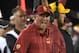 PALO ALTO, CA - SEPTEMBER 08: Head coach Clay Helton of the USC Trojans reacts to a no call by the officials during an NCAA football game against the Stanford Cardinal at Stanford Stadium on September 8, 2018 in Palo Alto, California. (Photo by Thearon