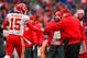 DENVER, CO - DECEMBER 31: Head coach Andy Reid of the Kansas City Chiefs celebrates with quarterback Patrick Mahomes #15 after the Kansas City Chiefs offense scored a touchdown against the Denver Broncosat Sports Authority Field at Mile High on December