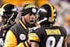 PITTSBURGH, PA - DECEMBER 04: Head Coach Mike Tomlin of the Pittsburgh Steelers talks with Antonio Brown #84 of the Pittsburgh Steelers during a game against the New York Giants on December 4, 2016 in Pittsburgh, Pennsylvania. (Photo by Jamie Sabau/Getty
