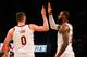 BROOKLYN, NY - MARCH 25: (NEW YORK DAILIES OUT) LeBron James #23 and Kevin Love #0 of the Cleveland Cavaliers in action against the Brooklyn Nets at Barclays Center on March 25, 2018 in the Brooklyn borough of New York City. The Cavaliers defeated th
