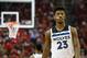 HOUSTON, TX - APRIL 25: Jimmy Butler #23 of the Minnesota Timberwolves reacts in the first half during Game Five of the first round of the 2018 NBA Playoffs against the Houston Rockets at Toyota Center on April 25, 2018 in Houston, Texas. NOTE TO USER: