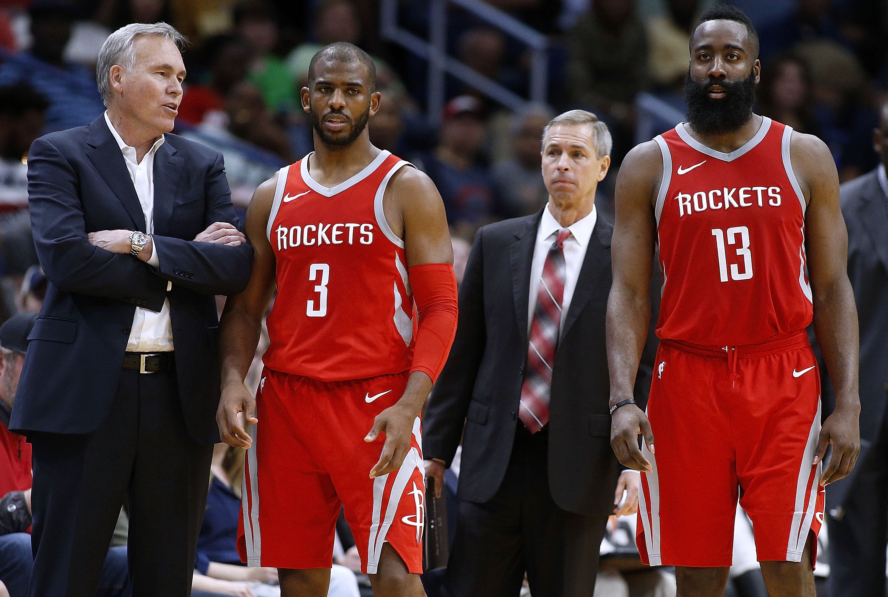 Los Angeles, California, USA. 3rd Apr, 2019. Houston Rockets' Eric Gordon  (10) and Chris Paul (3) watch on the bench during an NBA basketball game  between Los Angeles Clippers and Houston Rockets