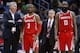 NEW ORLEANS, LA - MARCH 17: Head coach Mike D'Antoni of the Houston Rockets, James Harden #13 and Chris Paul #3 talk during the second half against the New Orleans Pelicans at the Smoothie King Center on March 17, 2018 in New Orleans, Louisiana. NOTE TO