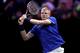 CHICAGO, IL - SEPTEMBER 21: Team Europe Kyle Edmund of Great Britain returns a shot against Team World Jack Sock of the United States during their Men's Singles match on day one of the 2018 Laver Cup at the United Center on September 21, 2018 in Chicago,