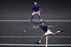 CHICAGO, IL - SEPTEMBER 21: Team Europe Novak Djokovic of Serbia returns a shot with Team Europe Roger Federer of Switzerland against Team World Jack Sock of the United States and Team World Kevin Anderson of South Africa during their Men's Doubles match