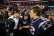 FOXBOROUGH, MA - JANUARY 21: Tom Brady #12 of the New England Patriots shakes hands with Blake Bortles #5 of the Jacksonville Jaguars after the AFC Championship Game at Gillette Stadium on January 21, 2018 in Foxborough, Massachusetts. (Photo by Kevin C