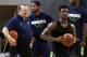 SHENZHEN, CHINA - OCTOBER 04: Head coach Tom Thibodeau(L) and Jimmy Butler #23 of the Minnesota Timberwolves looks on during practice at Shenzhen Gymnasium as part of 2017 NBA Global Games China on October 4, 2017 in Shenzhen, China. (Photo by Zhong Zhi