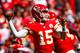KANSAS CITY, MO - SEPTEMBER 23: Patrick Mahomes #15 of the Kansas City Chiefs throws a pass during the third quarter of the game against the San Francisco 49ers at Arrowhead Stadium on September 23rd, 2018 in Kansas City, Missouri. (Photo by David Eulitt/