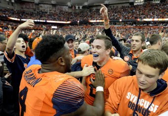 Syracuse celebrates after defeating Clemson last season.