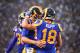 LOS ANGELES, CA - SEPTEMBER 27: Quarterback Jared Goff, No. 16 of the Los Angeles Rams, celebrates touchdown with receiver Cooper Kupp # 18 to take a 21-17 lead in the second quarter against the Minnesota Vikings at Los Angeles Coliseum Sept.