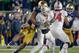 SOUTH BEND, IN - SEPTEMBER 29: K.J. Costello #3 of the Stanford Cardinal is sacked by Jerry Tillery #99 of the Notre Dame Fighting Irish during the game at Notre Dame Stadium on September 29, 2018 in South Bend, Indiana. (Photo by Michael Hickey/Getty Ima