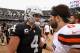 OAKLAND, CA - SEPTEMBER 30: Derek Carr #4 of the Oakland Raiders talks with Baker Mayfield #6 of the Cleveland Browns after their game at Oakland-Alameda County Coliseum on September 30, 2018 in Oakland, California. (Photo by Ezra Shaw/Getty Images)