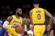 SAN DIEGO, CA - SEPTEMBER 30: LeBron James #23 of the Los Angeles Lakers comes around a screen from Kyle Kuzma #0 during a preseason game against the Denver Nuggets at Valley View Casino Center on September 30, 2018 in San Diego, California. (Photo by H