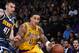 SAN DIEGO, CA - SEPTEMBER 30: Kyle Kuzma #0 of the Los Angeles Lakers drives to the basket against the Denver Nuggets during a pre-season game on September 30, 2018 at Valley View Casino Center in San Diego, California. NOTE TO USER: User expressly acknow