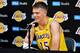 EL SEGUNDO, CA - SEPTEMBER 24: Mortiz Wagner #15 of the Los Angeles Lakers is seen talking to the media during media day at UCLA Health Training Center on September 24, 2018 in El Segundo, California. NOTE TO USER: User expressly acknowledges and agrees t