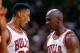 CHICAGO, IL - MAY 6: Scottie Pippen #33 of the Chicago Bulls is seen talking to Michael Jordan #23 of the Chicago Bulls during the game against the Atlanta Hawks on May 6, 1997 at the United Center in Chicago, IL. NOTE TO USER: User expressly acknowledges