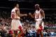CHICAGO - MAY 3: Michael Jordan #23 of the Chicago Bulls celebrates with Scottie Pippen #33 of the Chicago Bulls during a game played on May 3, 1998 at the United Center in Chicago, Illinois. NOTE TO USER: User expressly acknowledges and agrees that, by