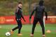 Manchester United's Chilean striker Alexis Sanchez (L) amnd Manchester United's Spanish midfielder Juan Mata attend a team training session at the club's training complex near Carrington, west of Manchester in north west England on March 12, 2018, on the