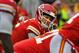 KANSAS CITY, MO - OCTOBER 07: Quarterback Patrick Mahomes #15 of the Kansas City Chiefs looks down the line during the first half against the Jacksonville Jaguars on October 7, 2018 at Arrowhead Stadium in Kansas City, Missouri. (Photo by Peter G. Aiken