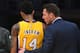LOS ANGELES, CA - JANUARY 31: Head coach Luke Walton of the Los Angeles Lakers talks with Brandon Ingram #14 on the bench in the second half of the game against the Denver Nuggets at Staples Center on January 31, 2017 in Los Angeles, California. Lakers w