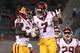 TUCSON, AZ - SEPTEMBER 29: Running back Aca'Cedric Ware #28 of the USC Trojans celebrates a 69 yard touchdown with running back Stephen Carr #7 in the second half of the game against the Arizona Wildcats at Arizona Stadium on September 29, 2018 in Tucson