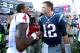 FOXBORO, MA - SEPTEMBER 24: Tom Brady #12 of the New England Patriots shakes hands with Deshaun Watson #4 of the Houston Texans after the Patriots defeat the Texans 36-33 at Gillette Stadium on September 24, 2017 in Foxboro, Massachusetts. (Photo by Maddi