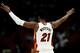 MIAMI, FL - OCTOBER 08: Hassan Whiteside #21 of the Miami Heat reacts against the Orlando Magic during the first half at American Airlines Arena on October 8, 2018 in Miami, Florida. NOTE TO USER: User expressly acknowledges and agrees that, by downloadi