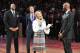 LOS ANGELES, CA - DECEMBER 18: Lakers owner Jeanie Buss speaks at Kobe Bryant's jersey retirement ceremony during halftime of a basketball game between the Los Angeles Lakers and the Golden State Warriors at Staples Center on December 18, 2017 in Los Ang