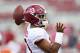 FAYETTEVILLE, AR - OCTOBER 6: Tua Tagovailoa #13 of the Alabama Crimson Tide warms up before a game against the Arkansas Razorbacks at Razorback Stadium on October 6, 2018 in Tuscaloosa, Alabama. The Crimson Tide defeated the Razorbacks 65-31. (Photo b