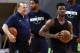 SHENZHEN, CHINA - OCTOBER 04: Head coach Tom Thibodeau(L) and Jimmy Butler #23 of the Minnesota Timberwolves looks on during practice at Shenzhen Gymnasium as part of 2017 NBA Global Games China on October 4, 2017 in Shenzhen, China. (Photo by Zhong Zhi