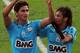 Santos's Paulo Henrique Ganso (L), celebrates his goal against Guarani with teammate Neymar during their Paulista championship first final match at Morumbi stadium in Sao Paulo, Brazil on May 6, 2012. AFP PHOTO/Nelson ALMEIDA (Photo credit should r