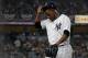 NEW YORK, NY - OCTOBER 08: (NEW YORK DAILIES OUT) Luis Severino #40 of the New York Yankees walks to the dugout as he leaves against the Boston Red Sox in Game Three of the American League Division Series at Yankee Stadium on October 8, 2018 in the Bro