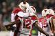 PHILADELPHIA, PA - DECEMBER 20: John Brown #12 of the Arizona Cardinals celebrates his touchdown catch with teammate quarterback Carson Palmer #3 in the third quater against the Philadelphia Eagles at Lincoln Financial Field on December 20, 2015 in Phila