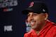 BOSTON, MA - OCTOBER 22: Manager Alex Cora of the Boston Red Sox speaks with the media during media availability ahead of the 2018 World Series between the Los Angeles Dodgers and the Boston Red Sox at Fenway Park on October 22, 2018 in Boston, Massachus