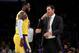 LOS ANGELES, CA - OCTOBER 04: Head coach Luke Walton of the Los Angeles talks with LeBron James #23 during a pre-season basketball game against Sacramento Kingsat Staples Center on October 4, 2018 in Los Angeles, California. NOTE TO USER: User expressly a
