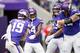 MINNEAPOLIS, MN - OCTOBER 14: Adam Thielen #19, Stefon Diggs #14, Tyler Conklin #83 and Mike Remmers #74 of the Minnesota Vikings celebrate a touchdown Thielen during the game against the Arizona Cardinals at U.S. Bank Stadium on October 14, 2018 in Minne