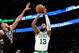 BOSTON, MA - NOVEMBER 1: Marcus Morris #13 of the Boston Celtics shoots the ball against the Milwaukee Bucks on November 1, 2018 at the TD Garden in Boston, Massachusetts. NOTE TO USER: User expressly acknowledges and agrees that, by downloading and/or us