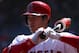 ANAHEIM, CA - SEPTEMBER 30: Shohei Ohtani #17 of the Los Angeles Angels of Anaheim stands on-deck during the first inning of the MLB game against the Oakland Athletics at Angel Stadium on September 30, 2018 in Anaheim, California. The Angels defeatd the