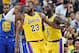 LAS VEGAS, NEVADA - OCTOBER 10: LeBron James #23 and Lance Stephenson #6 of the Los Angeles Lakers celebrate after James made a shot against the Golden State Warriors and was fouled during their preseason game at T-Mobile Arena on October 10, 2018 in Las